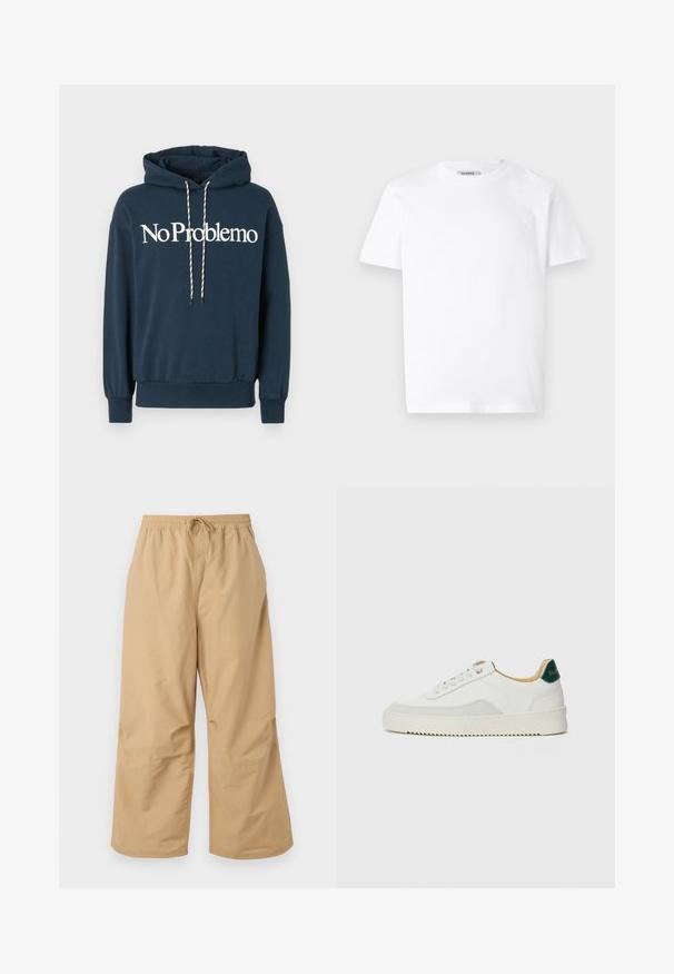 Navyblauwe hoodie met de tekst "No Problemo" in het wit, voorzien van een trekkoord met zwart-witte patronen en geribbelde manchetten.; Witte katoenen t-shirt met een ronde hals en korte mouwen. Bevat een klein, reliëf logo op de linker borst. Soepele textuur.; Beige wijde broek gemaakt van lichtgewicht stof, met een elastische tailleband en een trekkoord, en gestikte accenten nabij de zoom.; Witte sneaker met suède accenten, ronde neus, platte veters en een crème rubberen zool. Bevat groene branding op de hiel.