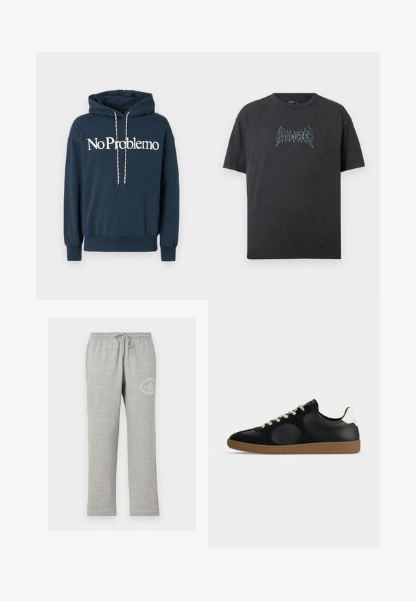 Marineblaues Kapuzensweatshirt mit dem Text "No Problemo" in Weiß, ausgestattet mit einer Kordel mit schwarz-weißen Mustern und gerippten Bündchen.; Schwarzes T-Shirt mit kurzen Ärmeln und Rundhalsausschnitt mit stilisiertem hellblauem "Hollister"-Schriftzug mittig auf der Brust.; Graue Jogginghose mit elastischem Bund und Kordelzug, mit kleinem weißem rundem Logo am oberen linken Oberschenkel.; Schwarzer niedriger Sneaker mit weißem Fersen-Detail, beigen Schnürsenkeln und brauner Gummisohle, seitlich vor weißem Hintergrund dargestellt.