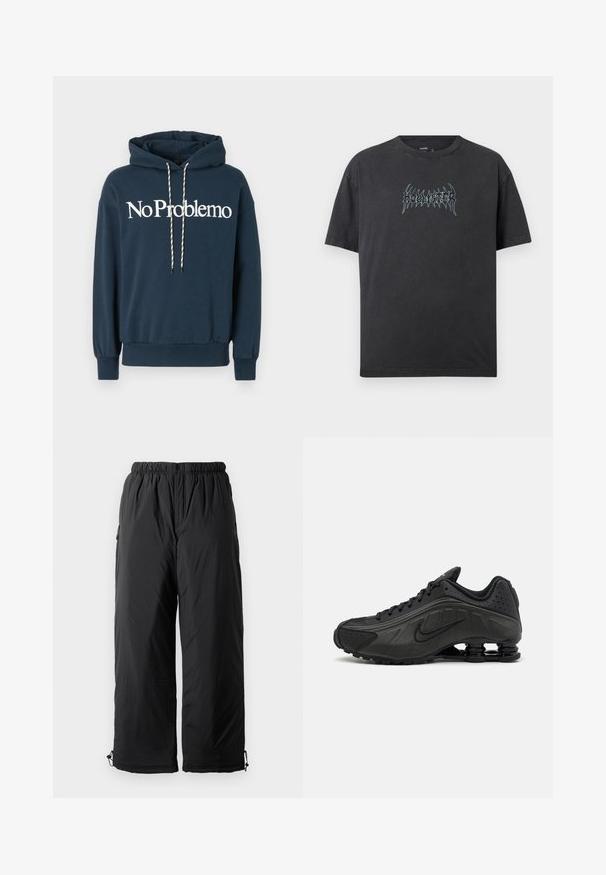 Marineblaues Kapuzensweatshirt mit dem Text "No Problemo" in Weiß, ausgestattet mit einer Kordel mit schwarz-weißen Mustern und gerippten Bündchen.; Schwarzes T-Shirt mit kurzen Ärmeln und Rundhalsausschnitt mit stilisiertem hellblauem "Hollister"-Schriftzug mittig auf der Brust.; Schwarze isolierte Hose mit elastischem Bund, ausgestattet mit Seitentaschen und verstellbaren Bündchen. Glattes Material mit leicht glänzender Oberfläche.; Schwarze Laufschuhe mit einem glatten synthetischen Obermaterial, durchbrochenen Akzenten, strukturierten Seitenpaneelen und einer ausgeprägten federnden Sohle.