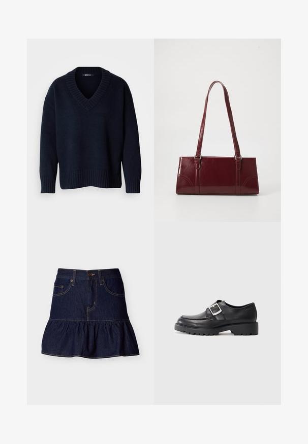 Pull bleu marine foncé à col en V avec manches longues et poignets et ourlet côtelés, présenté sur un fond uni.; Mini-jupe en denim bleu foncé avec ourlet à volants, fermeture à boutons et zip sur le devant, ainsi que deux poches avant avec passants de ceinture.; Chaussures en cuir noir avec un bout arrondi, présentant un détail de boucle sur le côté et une semelle épaisse et robuste. Texture lisse avec peu de coutures.; Sac à main bordeaux en matériau brillant, de forme rectangulaire, avec deux anses et des accents légèrement courbés à l'avant.