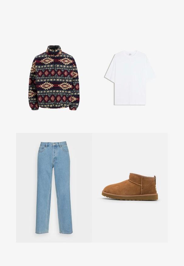 Pull en polaire à demi-zip, arborant des motifs géométriques en marine, bordeaux et beige, avec des poignets élastiques et un col montant.; T-shirt oversize en coton blanc avec un col rond et des manches courtes ; texture lisse, sans motifs ni accents visibles.; Jean droit bleu clair en denim, avec une coupe classique à cinq poches, une fermeture à bouton sur le devant et des détails de couture visibles.; Bottine en suède beige avec un bout rond, des détails de couture subtils et une semelle en caoutchouc texturée. Hauteur courte sans lacets.
