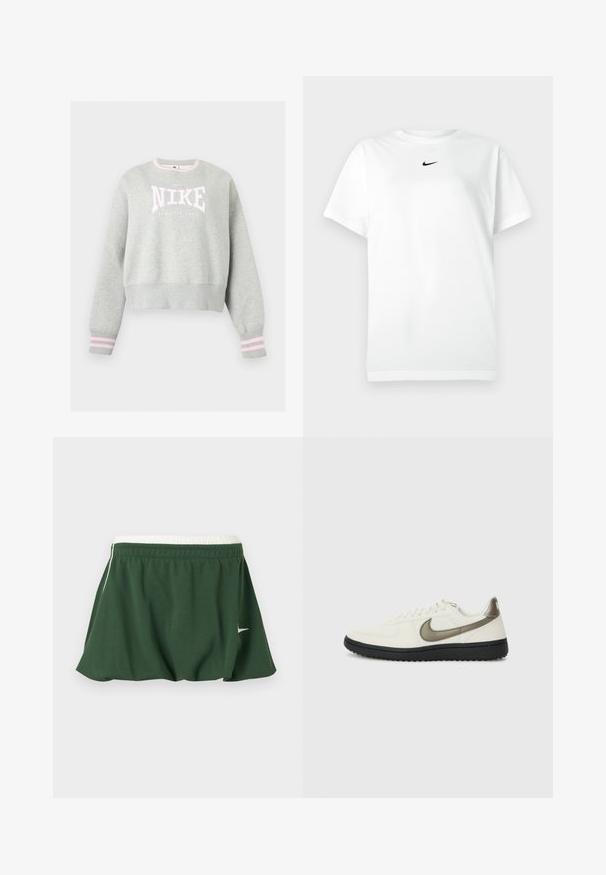 Ανοιχτό γκρι φούτερ Nike με ροζ και λευκό λογότυπο, ριμπ μανσέτες με ροζ ρίγες και ριμπ στρογγυλή λαιμόκοψη.; Λευκό T-shirt κοντομάνικο με στρογγυλή λαιμόκοψη και μικρό μαύρο λογότυπο Nike κάτω από τον λαιμό.; Σκούρα πράσινη αθλητική φούστα με λευκή ελαστική μέση και μικρό λευκό λογότυπο Nike στην πλευρά, εμφανίζεται σε λευκό φόντο.; Nike Sportswear FIELD GENERAL - Αθλητικά παπούτσια - off-white/black