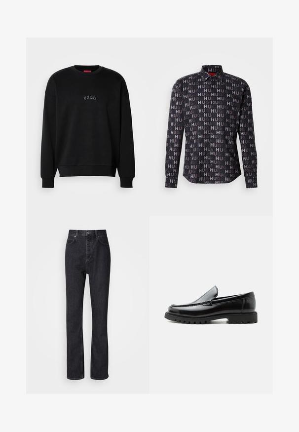 Zwarte lange mouw crewneck sweatshirt met kleine, centraal geplaatste "hugo" tekst in lichtblauw op de borst, geribbelde manchetten en zoom.; Zwart button-up shirt met herhaalde "HUG" tekst in verschillende tinten. Heeft een kraag, lange mouwen en zwarte knopen. Glad textuur.; Hoge taille zwarte denim jeans met een knoop- en ritssluiting, voor- en achterzakken en een rechte pasvorm.; Zwarte leren loafer met dikke rubberen zool, gestikte bovenkant en gegraveerde merknaam op de hiel, zijaanzicht op witte achtergrond.