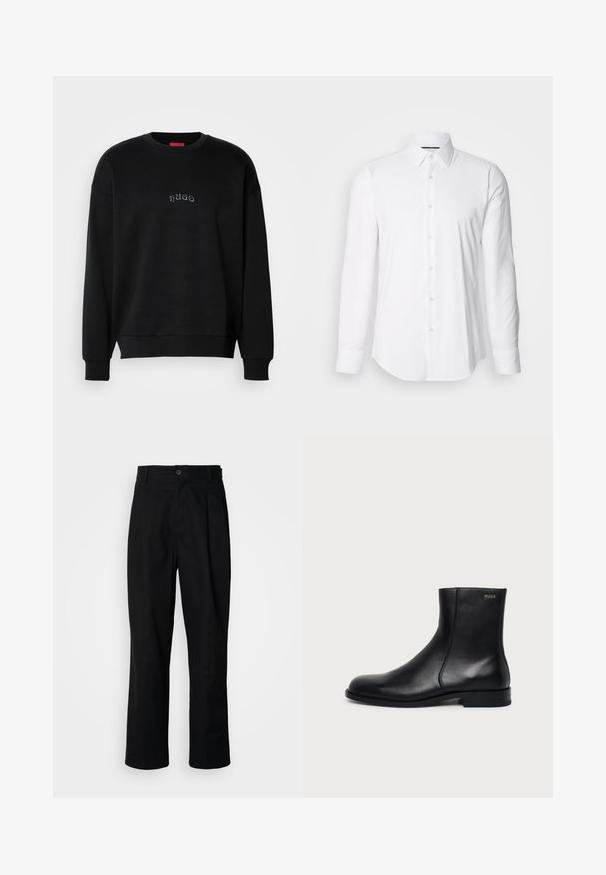 Zwarte lange mouw crewneck sweatshirt met kleine, centraal geplaatste "hugo" tekst in lichtblauw op de borst, geribbelde manchetten en zoom.; Witte lange mouwen shirt van gladde stof, met een klassieke kraag en een knoopsluiting aan de voorkant met een gebogen zoom. Knopen hebben een subtiele glans.; Zwarte rechte broek met een knoopsluiting, lusjes voor een riem en een voornaad, gepresenteerd tegen een effen witte achtergrond.; Zwarte leren enkellaars met lage hak, zijstiksels en klein "HUGO" logo op de bovenste boord tegen een effen achtergrond.