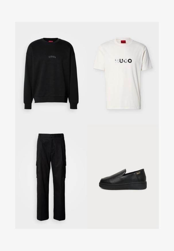 Zwarte lange mouw crewneck sweatshirt met kleine, centraal geplaatste "hugo" tekst in lichtblauw op de borst, geribbelde manchetten en zoom.; Wit T-shirt met korte mouwen en ronde hals, voorzien van een reflecterend "HUGO"-logo in het midden van de borst.; Zwarte cargobroek met een losse pasvorm, voorzien van zijzakken, een knoopsluiting en glad, lichtgewicht materiaal.; Zwart leren instapschoenen met dikke zool en kleine ventilatiegaatjes aan de zijkant, met het gouden "HUGO"-logo nabij de hak.