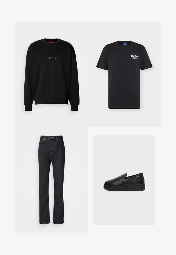 Sweatshirt noir à manches longues et col rond avec un texte "hugo" centré en bleu clair sur la poitrine, poignets et ourlet côtelés.; T-shirt noir à manches courtes et col rond avec petit logo blanc "HUGO" et texte sur la partie supérieure gauche de la poitrine.; Jean en denim noir taille haute avec fermeture à bouton et à glissière, poches avant et arrière, et coupe droite.; Chaussure plateforme noire en cuir à enfiler, avec une semelle épaisse et un petit logo doré "HUGO" près du talon sur un fond clair uni.