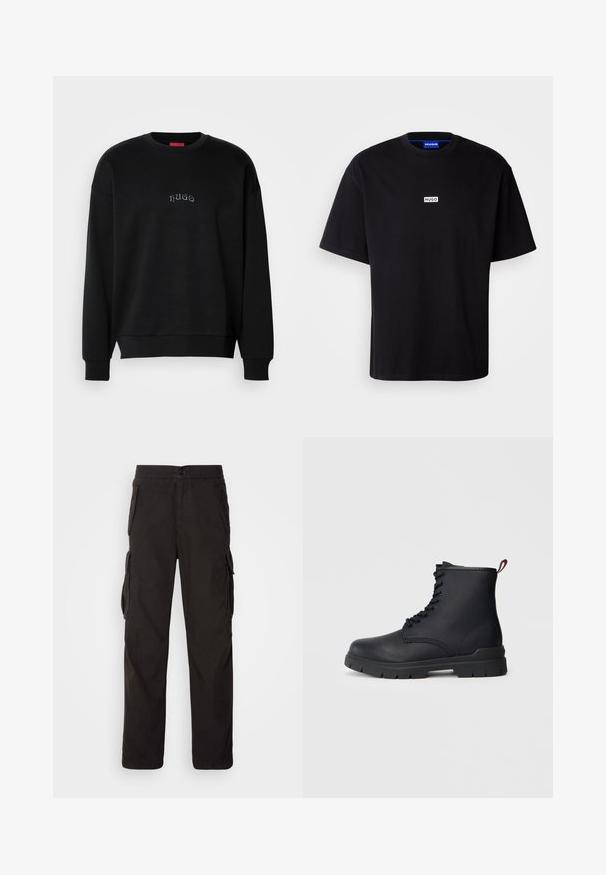 Sort langærmet sweatshirt med rund hals, med små centrerede "hugo"-tekst i lys blå på brystet, ribbede manchetter og kant.; Sort bomulds t-shirt med rund hals, korte ærmer og et hvidt rektangulært "HUGO" logo på brystet. Glat overflade, afslappet pasform.; Sorte cargobukser med lige pasform, elastisk talje, flere sidelommer og et struktureret stof for holdbarhed.; Sort læder ankelstøvle med snørebånd foran, tykk gummisål og rød løftestrop ved hælen, vist mod en ensfarvet lys baggrund.