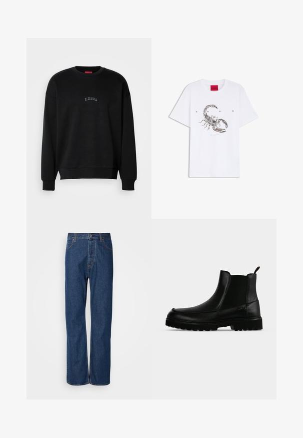 Sort langærmet sweatshirt med rund hals, med små centrerede "hugo"-tekst i lys blå på brystet, ribbede manchetter og kant.; Hvid T-shirt med sort detaljeret skorpiongrafik i midten, teksten "HUGO" placeret over skorpionen med mellemrum, og rød mærkeetiket på kraven.; Blå denim jeans med lige ben, der har en knaplukning, fem lommer og kontraststikninger langs sømmene.; Sort læderankelstøvle med tekstureret sål, elastiske sidepaneler og træksnor på en lysegrå baggrund.