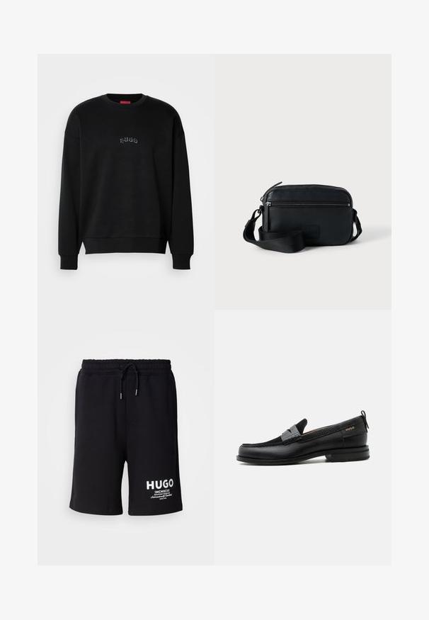 Schwarzes Langarmcrewneck-Sweatshirt mit kleinem, zentriertem "hugo"-Text in Hellblau auf der Brust, mit gerippten Bündchen und Saum.; Schwarze Baumwollshorts mit einem elastischen Bund und Kordelzug. Weißes "HUGO"-Logo am linken Bein. Einfaches Design, knielanger Schnitt.; Schwarzer Lederloafer mit grauem Riemendetail, niedrigem Absatz und strukturierter Sohle, seitlich mit „HUGO“ in Gold gebrandmarkt.; Schwarze Umhängetasche aus strukturiertem Leder mit verstellbarem Riemen, Reißverschlussfächern und einem dezenten Markenlogo auf der Vorderseite.
