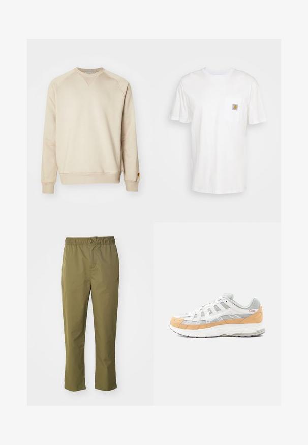 Sweatshirt beige en coton doux mélangé, avec des poignets et un ourlet côtelés, des manches raglan, et un petit logo métallique sur la manche gauche.; T-shirt en coton blanc à manches courtes, avec une poche poitrine et un petit patch logo carré en orange et blanc sur la poche.; Pantalons vert olive avec une taille élastique, fermeture à bouton et une coupe décontractée. Fabriqués en tissu léger, avec des poches latérales.; Baskets blanches et grises avec des accents orange clair, en mesh et cuir, avec une semelle texturée et un motif géométrique sur les côtés.