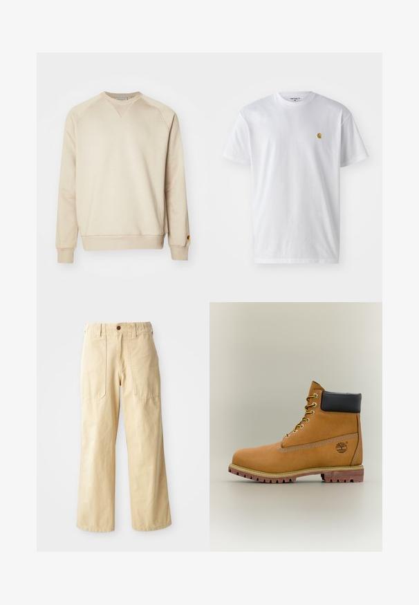 Sweatshirt beige en coton doux mélangé, avec des poignets et un ourlet côtelés, des manches raglan, et un petit logo métallique sur la manche gauche.; T-shirt en coton blanc à manches courtes, col rond, avec un petit logo doré sur la poitrine gauche. Texture douce et coupe régulière.; Pantalons larges beige en coton. Présentent une taille haute, deux poches avant au design plat et une fermeture par un seul bouton.; Bottine en cuir marron avec col noir, lacets jaunes et semelle beige. Présente un logo et des détails de couture blanche. Semelle extérieure à traction robuste.