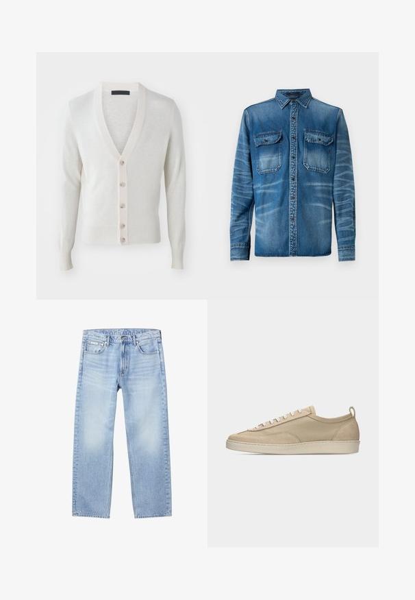 V-neck kardigan i mjestpoljetr unutra svijetlo bež tkanine. Sadrži šest dugmadi sprijeda, rebraste rukave i porub. Glatka tekstura, prilagođeni dizajn.; Denim-paita keskisinisessä sävyssä, jossa on haalistuneita alueita. Ominaisuuksiin kuuluu teräväkaulus, etupainonappi kiinnitys ja kaksi rintataskua nappiläpillä.; Vaaleansiniset suora lahje -farkut, joissa on etutaskut, vyölenkit, napitus ja pieni Calvin Klein -merkki oikeassa etutaskussa.; Beigen värinen matala tennari, jossa kangas- ja mokkanahkainen päällinen, valkoiset nauhat, kumipohja ja kantalenkki, esitetty sivuprofiilissa valkoisella taustalla.