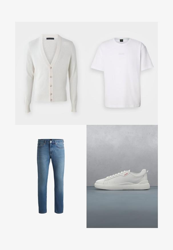 Cárdigan de cuello en V en suave tejido color crema claro. Presenta seis botones en la parte delantera, puños y dobladillo acanalados. Textura suave, diseño ajustado.; Camiseta de algodón blanca de manga corta, con escote redondo y logotipo grabado de "BOSS" en el pecho. Textura suave, ajuste estándar.; Jeans de mezclilla azul claro con un corte regular, que cuentan con una textura suave, diseño de cinco bolsillos y una cremallera con cierre de botón.; Zapatilla blanca con un acabado de cuero liso, punta redonda, cuatro ojales, perforaciones sutiles y un detalle de logo rojo en el lateral.