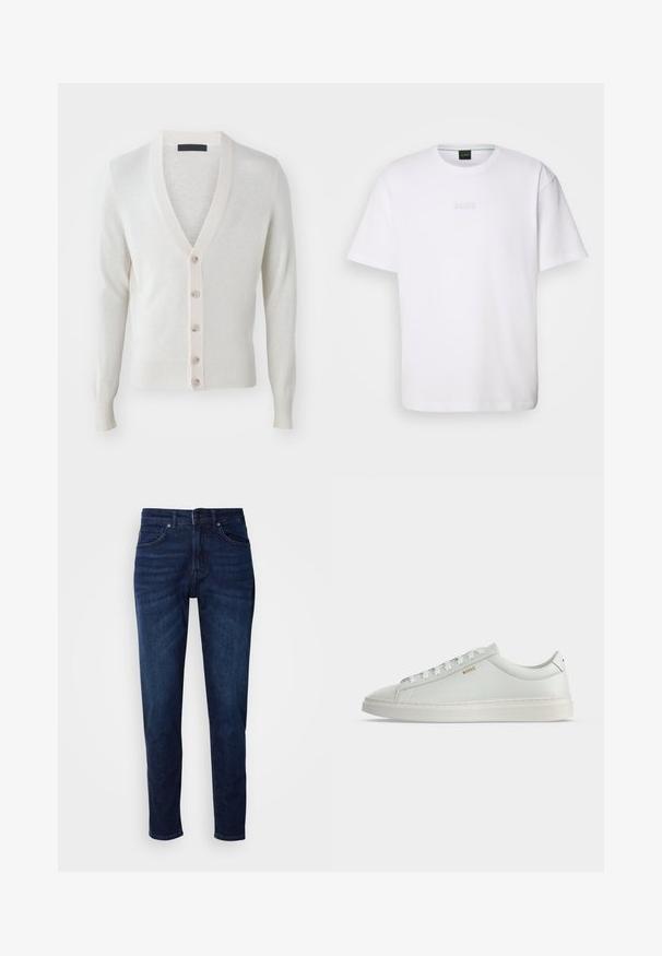 V-Ausschnitt-Cardigan aus weichem, hellcremigem Stoff. Mit sechs Knöpfen vorne, gerippten Bündchen und Saum. Glatte Textur, taillierte Passform.; Weißes Baumwoll-T-Shirt mit kurzen Ärmeln, rundem Ausschnitt und geprägtem "BOSS"-Logo auf der Brust. Glatte Textur, normale Passform.; Dunkelblaue Jeans aus Denim mit geradem Bein, ausgestattet mit Taschen und einem Knopfverschluss an der Taille. Weiche Textur, minimale Ausbleichungen.; Weißer Leder-Sneaker in niedriger Ausführung mit Schnürsenkeln, flacher Sohle und kleinem goldfarbenem "BOSS" Logo an der Seite, von der Außenseite betrachtet.