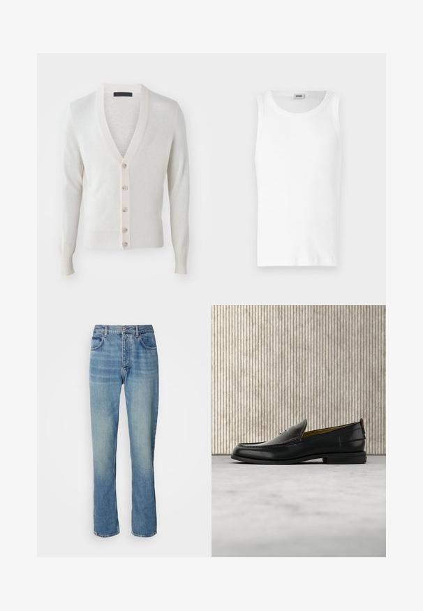 V-Ausschnitt-Cardigan aus weichem, hellcremigem Stoff. Mit sechs Knöpfen vorne, gerippten Bündchen und Saum. Glatte Textur, taillierte Passform.; Weißes Baumwoll-Tanktop ohne Ärmel mit Rundhalsausschnitt und glatter Textur. Einfaches Design, ohne Muster oder Akzente.; Helle blaue, gerade geschnittene Denim-Jeans mit hoher Taille, vorderem Knopf, Reißverschluss und Fünf-Taschen-Design.; Schwarzer Herren-Slipper aus Leder mit einer krokogeprägten Vorderkappe und einem niedrigen Absatz, im Profil vor neutralem Hintergrund gezeigt.