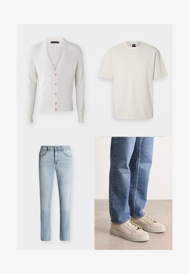 V-Ausschnitt-Cardigan aus weichem, hellcremigem Stoff. Mit sechs Knöpfen vorne, gerippten Bündchen und Saum. Glatte Textur, taillierte Passform.; Kurzärmliges T-Shirt mit Rundhalsausschnitt aus Baumwolle in Off-White, mit geradem Schnitt und minimalem Branding am Kragen. Weiche Textur, keine Muster.; Hellblaue Slim-Fit-Jeans aus Denim mit vorne Knopf und Reißverschluss, Fünf-Taschen-Design und subtiler Verblassung vom Oberschenkel bis zum Knie.; BOSS GARYTENN_SDHDEL - Sneaker low - natural ten