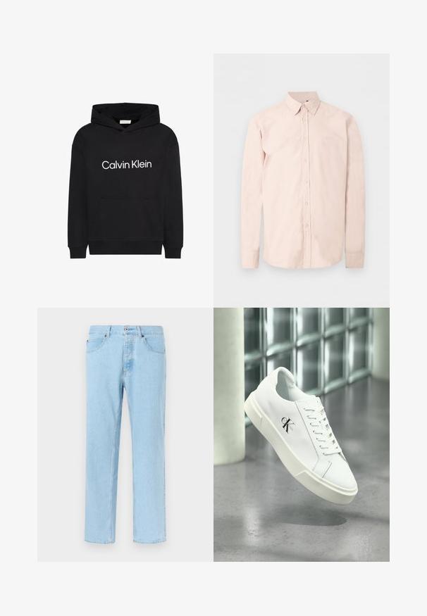 Zwarte hoodie met voorzak en wit "Calvin Klein"-logo gecentreerd op de borst, met capuchon met trekkoord en lange mouwen.; Lichtroze blouse met lange mouwen, knopen, puntige kraag, subtiel logo op de borst en knoopmanchetten tegen een effen witte achtergrond.; Lichtblauwe denim jeans met rechte pijpen, sluiting met knopen en ritssluiting aan de voorkant, voorzakken en gordel lussen, afgebeeld tegen een effen achtergrond.; Witte Calvin Klein sneaker met veters, zwevend getoond boven een gepolijste betonnen vloer en een achtergrond van glasblokken.