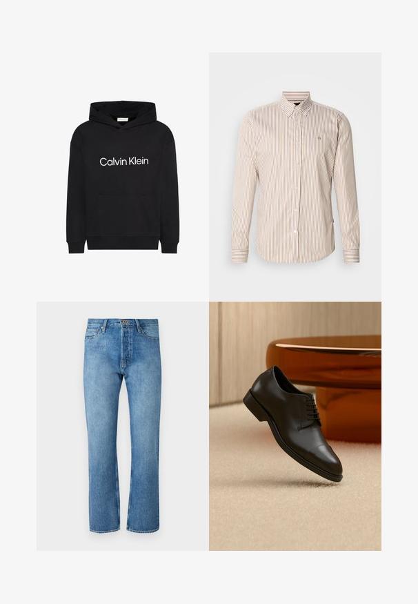 Zwarte hoodie met voorzak en wit "Calvin Klein"-logo gecentreerd op de borst, met capuchon met trekkoord en lange mouwen.; Gestreept overhemd met knoopjes in beige en lichtbruin. Lange mouwen, klassieke kraag, knopen aan de voorkant en een klein logo op de borst. Gemaakt van katoen.; Lichtblauwe denimjeans met een recht model, voorzien van een klassieke vijf-pocketontwerp, een knoopsluiting en contrasterende stiksels.; Zwarte leren nette schoen met veters zwevend boven een beige tapijt, oranje ronde tafel op de achtergrond.