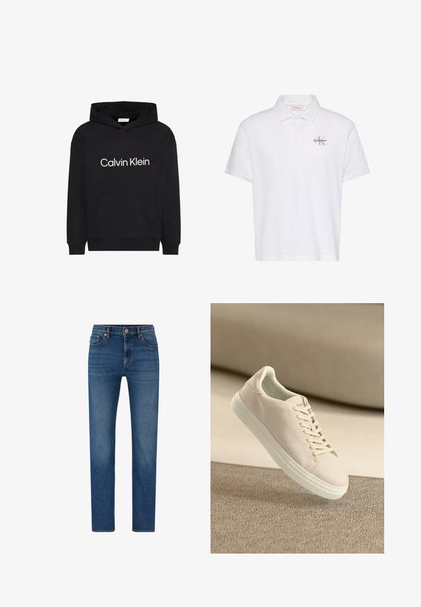 Zwarte hoodie met voorzak en wit "Calvin Klein"-logo gecentreerd op de borst, met capuchon met trekkoord en lange mouwen.; Witte polo met korte mouwen, kraag, drieknopensluiting en klein grijs Calvin Klein-logo op de linkerborst.; Blauwe denim jeans met een rechte pijpontwerp, voorzien van een knoopsluiting, vijf zakken en subtiele vervaging op de stof.; Beige suède sneaker met een witte zool en veters, zwevend boven een gestructureerd beige tapijt tegen een zachte beige achtergrond.