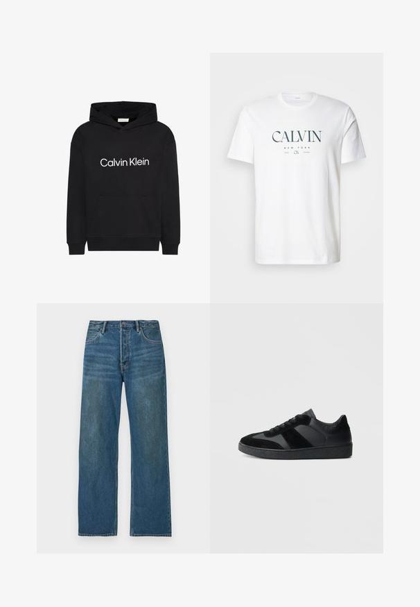 Sudadera con capucha negra con bolsillo delantero y logo blanco de "Calvin Klein" centrado en el pecho, con capucha ajustable y mangas largas.; Camiseta blanca de algodón con un diseño gráfico que incluye las palabras "CALVIN", "NEW YORK" y "1968" impresas en verde oscuro. Cuello redondo y mangas cortas.; Jeans de mezclilla de tiro alto y pierna recta en azul, con cierre de botón, bolsillos frontales y detalles desgastados en los muslos y las rodillas.; Zapatillas negras que combinan cuero liso y ante, con una suela de goma negra texturizada y un sutil detalle de rayas.