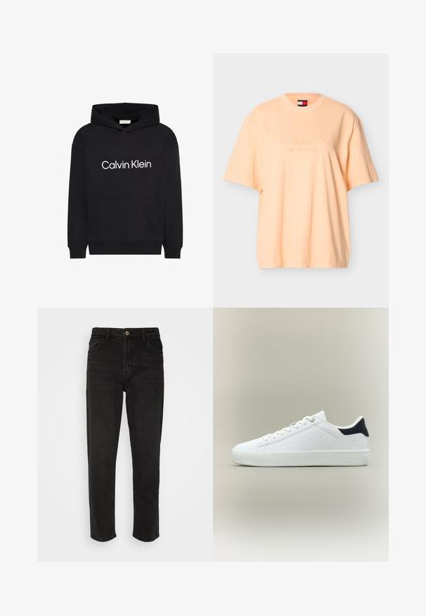 Zwarte hoodie met voorzak en wit "Calvin Klein"-logo gecentreerd op de borst, met capuchon met trekkoord en lange mouwen.; Perzikkleurig oversized T-shirt met geperste tekst "Tommy Jeans Since 1985 New York City" op de voorkant en een navy, witte en rode logotag aan de binnenkant van de kraag.; Zwarte denim jeans met een rechte pasvorm, hoge taille, knoopsluiting en vier zakken. Beschikt over een klassiek vijf-zakkenontwerp.; Witte lage sneaker met witte veters en zwarte hielkap, minimalistisch design, geplaatst op een neutrale beige achtergrond.