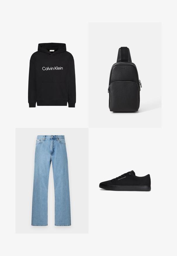 Must kapuutsiga dressipluus ees tasku ja valge "Calvin Klein" logo rinnal keskel, kapuutsi paelaga ning pikkade varrukatega.; Hele sinised sirge säärega teksapüksid viie tasku ja vöökohal nööbisulguriga, esitatuna ühevärvilisel taustal.; Mustad madala säärega toss, musta tallaga, mustade paeltega ning väikese Tommy Hilfigeri logoga külje- ja keeleosal.; BOSS NEW CROSSTOWN - Ülerinna-kott - black