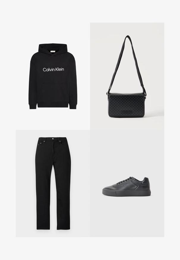 Sort hættetrøje med frontlomme og hvidt "Calvin Klein"-logo centreret på brystet, med snøretrækshætte og lange ærmer.; Sorte denim jeans med lige ben-design, fem lommer, sølvknap og nitter i detaljer samt en glat tekstur.; Sort lædersneaker med rund tå, flad gummisål og kontrasterende syninger. Har et logo på siden og snørebåndsdesign.; Sort crossbody taske med justerbar rem og subtilt geometrisk mønster på frontklappen, vist mod en hvid baggrund.