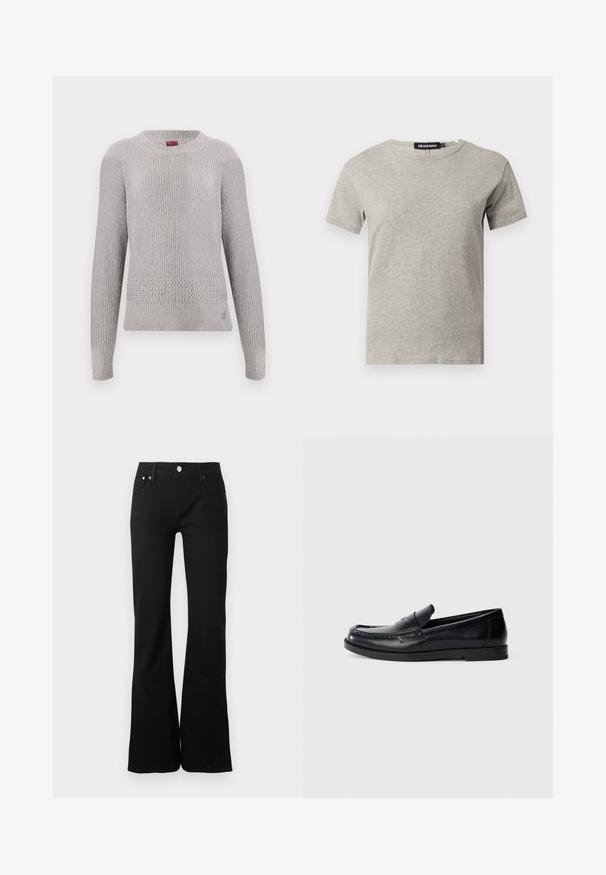 Pull gris clair avec un design en tricot texturé, doté d'un col rond et de manches longues. Motif tricoté détaillé à l'ourlet.; T-shirt en coton gris clair à manches courtes et col rond avec une étiquette noire visible à l'intérieur du col indiquant "DENIM" et la taille "S."; Jean noir taille haute avec jambe évasée, fermeture devant par bouton et zip, et design classique à cinq poches.; Mocassins en cuir noir avec un design d'accent cousu, bout rond, semelle plate en caoutchouc et finition lisse. Silhouette classique et polyvalente.