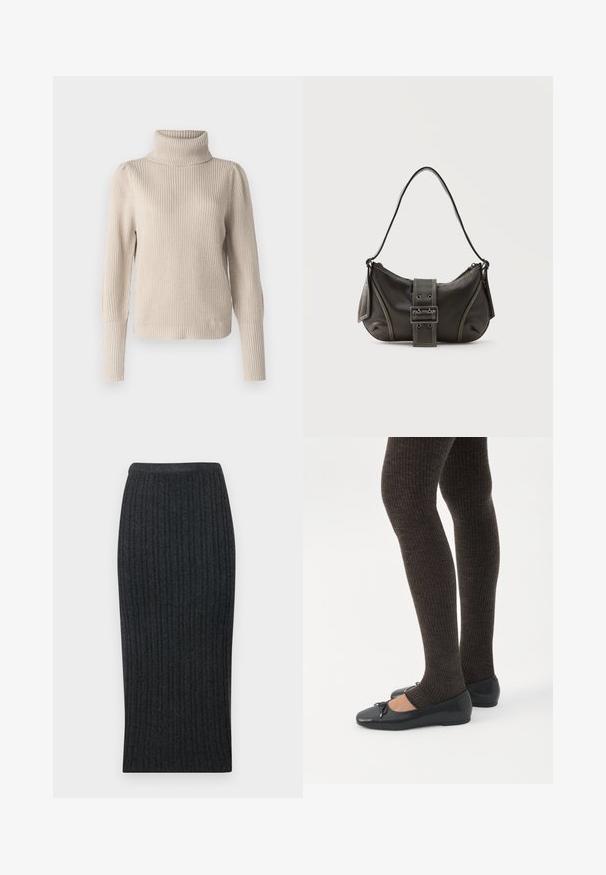 VILA Knitted Turtleneck - Πουλόβερ - feather gray; Σκούρο γκρι πλεκτή μεσαίου μήκους φούστα με σφιχτή σιλουέτα και ελαστική μέση. Διαθέτει κατακόρυφες ραβδώσεις για υφή.; Πόδια με σκουρόχρωμα ριμπ κολάν συνδυασμένα με μαύρα μπαλαρίνα παπούτσια με μικρές λεπτομέρειες φιόγκων σε λευκό φόντο.; Μαύρη δερμάτινη τσάντα ώμου με λεπτομέρεια ιμάντα με πόρπη, καμπυλωτές άκρες και αντίθετη λευκή ραφή σε απλό φόντο.