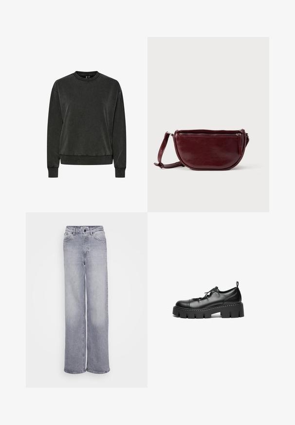 Sweatshirt à col rond à manches longues gris foncé avec des poignets et un ourlet côtelés, présenté sur un fond blanc.; ONLY Tall ONLJUICY WIDE LEG - Wide Leg - medium grey denim; Chaussures en cuir noir à lacets avec un bout rond, semelle plateforme épaisse et couture décorative le long du bord.; Sac à main en cuir marron foncé avec une forme en demi-lune, une fermeture éclair et une bandoulière amovible. Texture lisse avec un léger éclat.