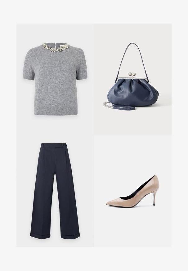 Pull en gris à manches courtes avec un tissu texturé. Présente un col orné de perles et une fermeture éclair au dos.; Pantalon large bleu marine avec ourlets retournés, taille haute, boutons latéraux et plis à l'avant.; Chaussure à talon haut pointu en cuir verni beige avec talon aiguille fin et doublure intérieure noire sur fond blanc.; Sac à main en cuir bleu marine doux avec fermeture à boucle argentée, une seule bandoulière, et une chaîne de poignet amovible sur fond blanc.