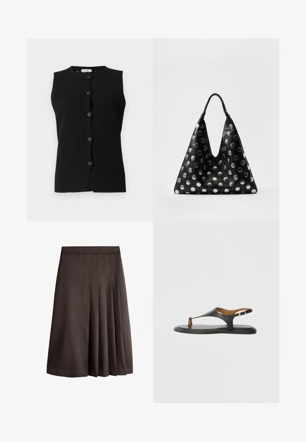 Zwarte mouwloze button-up vest met ronde halslijn en zes knopen aan de voorkant op een witte achtergrond.; Bruine rok tot op de knie met meerdere plooien en een rechte tailleband.; Zwarte platte teensandalen met enkelbandje en gouden gesp, minimalistisch ontwerp tegen een effen lichte achtergrond.; Zwarte leren tas met een driehoekige vorm, voorzien van zilveren metallic stippen en een gestructureerd handvat. Over het algemeen een gladde afwerking.