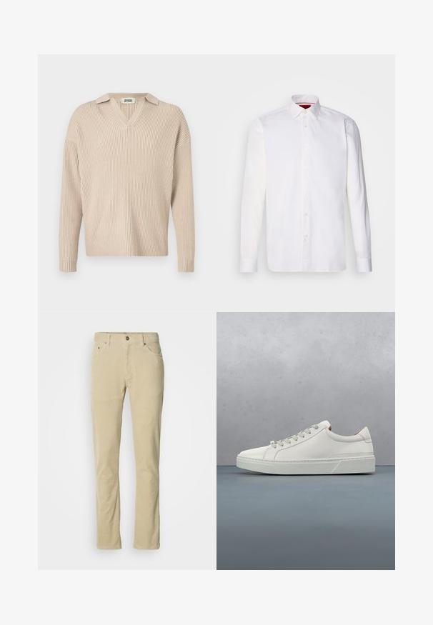 Beige ribbet strikpullover med V-hals og krave, med lange ærmer og afslappet pasform, lavet af et blødt, tekstureret stof.; Hvid langærmet skjorte lavet af bomuld, med en klassisk krave, frontplacket med knapper og en glat tekstur. Rød detalje på den indre krave.; Beige corduroy bukser med frontknap, lynlås, fem lommer og lige ben imod en ensfarvet hvid baggrund.; Hvid lædersneaker med rund tå, minimalistisk design, grå snørebånd og en tekstureret grå gummisål. Subtile syningsdetaljer er synlige.