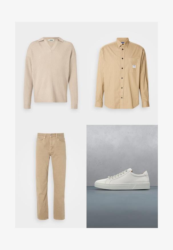 Beige ribbet strikpullover med V-hals og krave, med lange ærmer og afslappet pasform, lavet af et blødt, tekstureret stof.; Tan skjorte med knapper, lodrette sorte striber, spids krave, enkelt brystlomme og sorte knapper. Fremstillet af let stof.; Beige bomuldsbukser med lige ben, der har forlommer, knaplukning og diskrete syninger langs sømmene.; Hvid lædersneaker med rund tå, minimalistisk design, grå snørebånd og en tekstureret grå gummisål. Subtile syningsdetaljer er synlige.