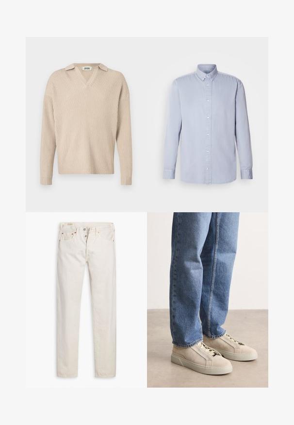 Beige ribbet strikpullover med V-hals og krave, med lange ærmer og afslappet pasform, lavet af et blødt, tekstureret stof.; Lyseblå langærmet skjorte med knaplukning lavet af bomuld med en blød textur, der har en klassisk krave og frontknapper.; Off-white high-waisted slim-fit jeans med knaplukning, fem lommer og kobbernitter, lagt fladt på en hvid baggrund.; BOSS GARYTENN_SDHDEL - Sneakers - natural ten