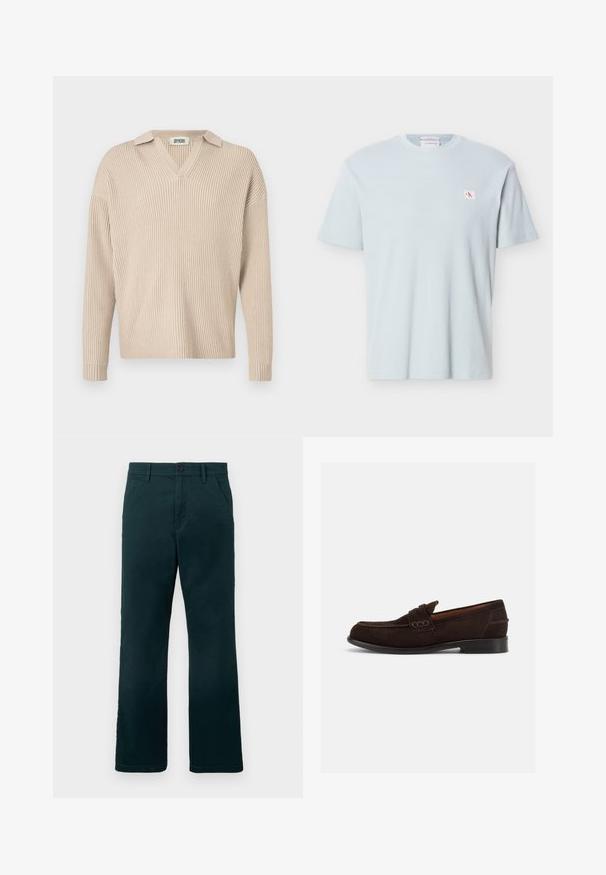 Beige ribbet strikpullover med V-hals og krave, med lange ærmer og afslappet pasform, lavet af et blødt, tekstureret stof.; Lyseblå t-shirt med kortærmer i vaffelstrik, rund hals og lille rød og hvid "CK" logo på venstre bryst.; Mørkegrønne lige ben bukser med bæltestropper, sidelommer og knaplukning på en ensfarvet hvid baggrund.; Mørkebrune mokkasiner til mænd i ruskind med dekorative syninger og lav hæl, vist fra ydersiden på en ensartet lys baggrund.