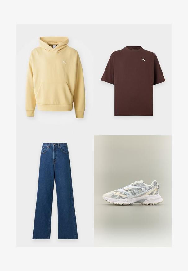 Hoodie jaune en tissu doux, muni d'une poche kangourou à l'avant et d'un logo blanc sur la poitrine. Comprend une capuche avec cordon de serrage.; T-shirt marron à manches courtes avec col ras du cou, petit logo Puma blanc sur la poitrine gauche, sur fond blanc.; Jean en denim bleu à jambes larges avec une taille haute, présentant des passants de ceinture et des poches avant. Le tissu a une texture lisse et des coutures minimales.; Chaussure de sport blanche avec des panneaux en mesh gris, des superpositions texturées, un col rembourré et une semelle en caoutchouc dotée de petites pointes de traction.