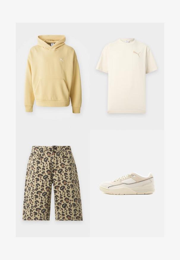 Hoodie jaune en tissu doux, muni d'une poche kangourou à l'avant et d'un logo blanc sur la poitrine. Comprend une capuche avec cordon de serrage.; T-shirt à manches courtes de couleur crème avec logo Puma beige sur le côté gauche de la poitrine et col rond, présenté sur un fond clair uni.; Shorts à imprimé léopard en mélange de coton, présentant un fond beige avec des taches noires et marron, conception à cinq poches et fermeture par bouton.; Baskets basses couleur crème avec accents beige, fermeture à lacets, col rembourré et semelle texturée sur un fond clair uni.