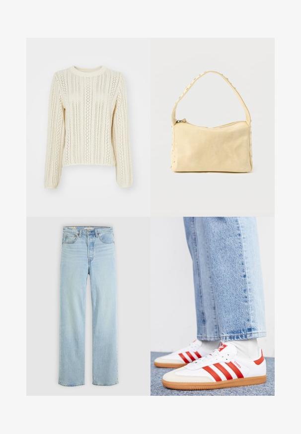 Suéter de punto color crema con un patrón texturizado de rayas verticales y un diseño de calado; cuenta con mangas largas y un escote redondo.; Jeans de denim azul claro con corte recto, que cuentan con cinco bolsillos, un cierre de cremallera clásico y costuras visibles.; Zapatillas de cuero blancas con rayas y detalles rojos. Cuentan con una suela de goma texturizada y un collar acolchado. Llevadas con denim azul claro.; Pequeño bolso de cuero beige con una sola correa y tachuelas plateadas a lo largo de los bordes y la correa, sobre un fondo liso.