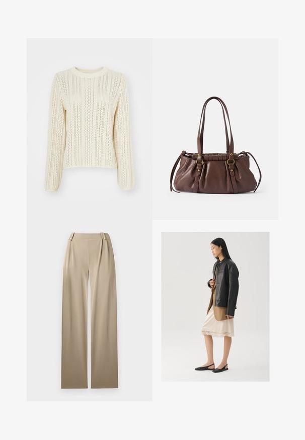Pull en tricot de couleur crème avec un motif texturé de rayures verticales et un design ajouré ; il possède des manches longues et un col rond.; Pantalons large en beige avec une texture lisse, présentant deux boutons décoratifs à la taille et des plis subtils pour plus de détails.; Veste en cuir noir portée sur un haut marron, associée à une robe légère crème à bretelles avec bordure en dentelle et des chaussures slingback noires.; Sac à main en cuir brun avec deux longues poignées, design froncé, accents en métal doré et finition texturée.