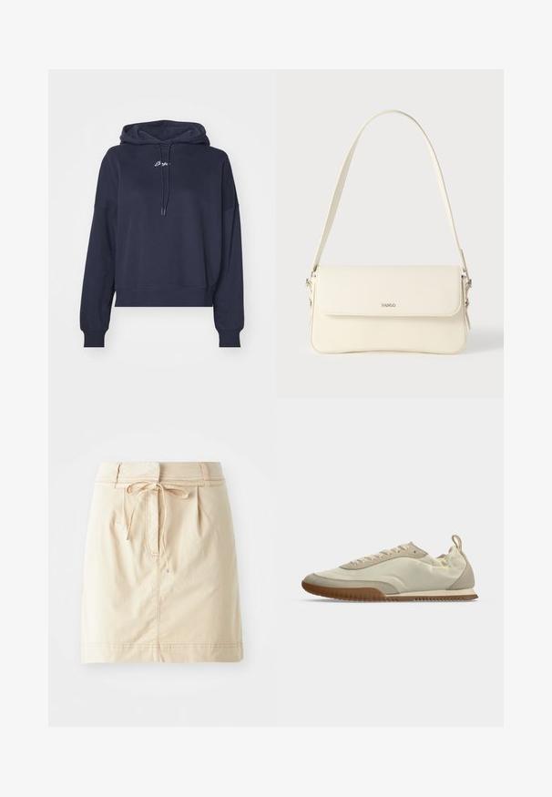 Hoodie bleu marine en tissu doux, avec une capuche à cordon et un logo brodé sur la poitrine. Coupe décontractée avec des poignets en côtes.; Jupe kaki en tissu léger avec une taille ajustée, des détails de cordon de serrage, des plis et des coutures subtiles. Texture lisse.; Baskets basses beige avec lacets blancs, accents en daim, semelle en caoutchouc marron et languette à l’arrière.; Sac à bandoulière en cuir couleur crème avec fermeture à rabat, quincaillerie argentée, une bandoulière réglable et un logo discret.