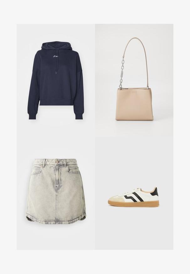 Navyblauwe hoodie van zacht materiaal, met een trekkoordkap en geborduurd logo op de borst. Relaxte pasvorm met geribde manchetten.; Denim rok in lichtgrijs met een vervaagde textuur, voorzien van een knoopsluiting in de taille, voorzakken en een licht gebogen zoom.; Witte sneaker met beige neuskap, zwarte zijstrepen, lichtbruine zool en een lage snit.; Beige leren handtas met een gladde textuur, voorzien van een zilveren kettingaccent op het handvat en een ritssluiting. "HUGO" is op de voorkant hotstempeld.