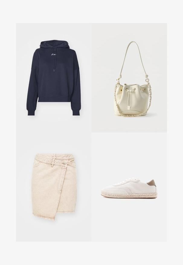 Hoodie bleu marine en tissu doux, avec une capuche à cordon et un logo brodé sur la poitrine. Coupe décontractée avec des poignets en côtes.; Jupe mini en denim beige au design enveloppé, dotée d'une fermeture à bouton, de coutures visibles et d'une texture légèrement usée.; Baskets blanches avec une tige en daim, des accents beiges et une semelle en jute tressé. Elles sont équipées de lacets plats et arborent un logo de marque sur le côté.; Sac seau en cuir crème avec fermeture à cordon, chaîne tressée et bandoulière en cuir, ainsi que des œillets dorés.