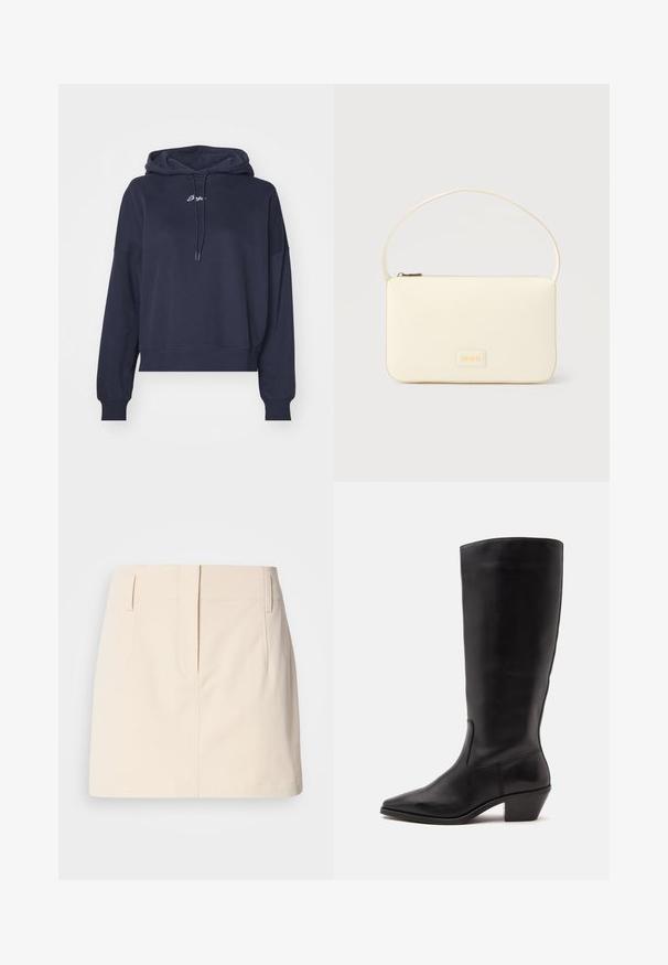Tumedat sinine kapuutsiga sviiter, mis on valmistatud pehmest kangast, millel on nööriga kapuuts ja tikkitud logo rinnas. Mugav lõige koos ribakujuliste varrukate otstega.; Calvin Klein Jeans SKIRT - A-lõikeline seelik - fog; Must nahktõmmiku keskmise säärega saabas, millel on terav nina ja madal kaldu konts heledal ühevärvilisel taustal.; Kreemivärvi ristkülikukujuline käekott ühe rihmaga ja peal tõmblukuga, ees väike reljeefne logoplaat.