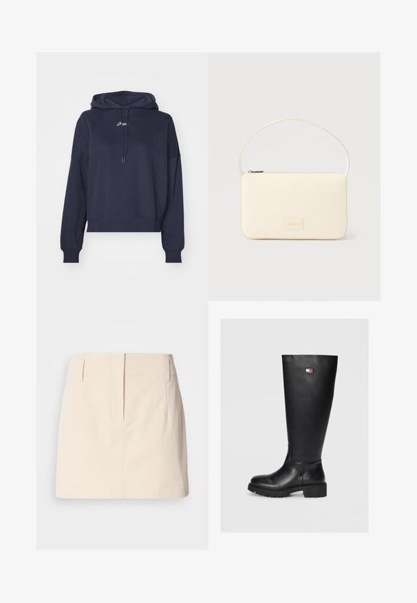 Tumedat sinine kapuutsiga sviiter, mis on valmistatud pehmest kangast, millel on nööriga kapuuts ja tikkitud logo rinnas. Mugav lõige koos ribakujuliste varrukate otstega.; Calvin Klein Jeans SKIRT - A-lõikeline seelik - fog; Mustad mustakõrguseni ulatuvad saapad, mis on valmistatud siledast nahast ja millel on tekstureeritud kummist soe, sisaldavad väikest logot tšehhi, valge ja sinise värviga.; Kreemivärvi ristkülikukujuline käekott ühe rihmaga ja peal tõmblukuga, ees väike reljeefne logoplaat.
