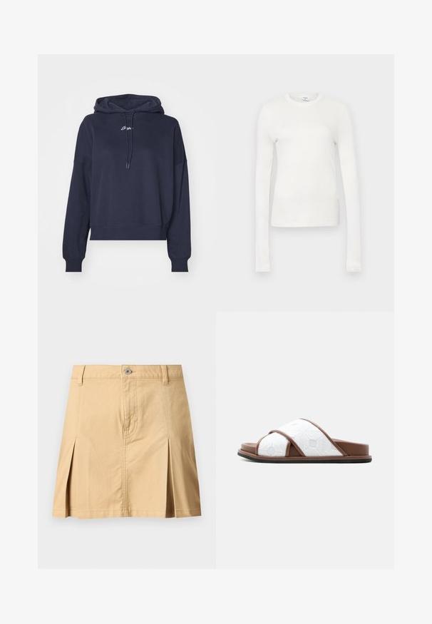 Navyblauwe hoodie van zacht materiaal, met een trekkoordkap en geborduurd logo op de borst. Relaxte pasvorm met geribde manchetten.; Witte langemouwen t-shirt gemaakt van zachte katoen. Heeft een ronde hals, aansluitende pasvorm en een gladde textuur. Geen patronen of accenten.; Beige knielange rok met ceintuurlussen, sluiting aan de voorkant met knopen, twee plooien aan de voorkant en zichtbare stiksels op een effen achtergrond.; Bruine slide-sandaal met witte, gestructureerde stoffen kruisriemen en zwarte zool, zijaanzicht op een lichte achtergrond.