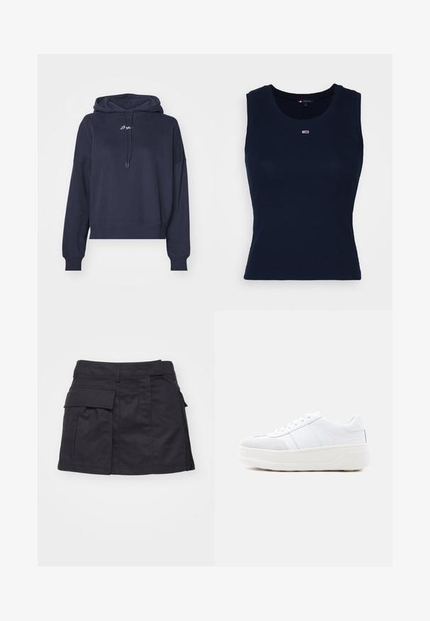 Navyblauwe hoodie van zacht materiaal, met een trekkoordkap en geborduurd logo op de borst. Relaxte pasvorm met geribde manchetten.; Marineblauwe katoenen tanktop met een geribbelde textuur, ronde halslijn en een klein geborduurd logo op de borst. Lichtgewicht en aangesloten ontwerp.; Zwarte cargominirok van katoen. Heeft zijzakken en een vlakke voorkant met een iets uitgerafeld zoom.; Witte lage sneaker met veterclosure, dikke plateauzool en suède accenten op de neus, zijaanzicht op een effen achtergrond.
