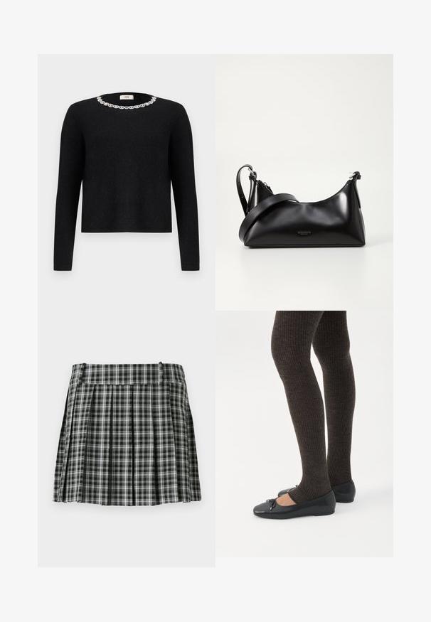 Sort sweater med lange ærmer og rund halsudskæring, der har en dekorativ krystaludsmykning omkring kraven. Blød tekstur.; Sort-hvidt ternet plisseret nederdel med en glat talje og flere lodrette folder. Fremstillet af let stof.; Ben iført mørke ribbede leggings kombineret med sorte balletsko med små sløjfedetaljer på hvid baggrund.; Sort læderhåndtaske med en glat tekstur. Har en justerbar stropp og et enkelt, minimalistisk design med lynlås.
