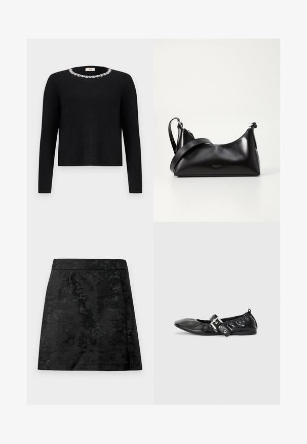 Pull noir à manches longues et col rond, orné d'une décoration en cristal autour du col. Texture douce.; Jupe noire avec un motif floral, texture lisse et coupe ajustée. Présente une taille élastiquée et une coupe droite avec une légère évasement.; Chaussure plate en cuir noir avec un nez pointu, des détails froncés autour de l'ouverture et un accent en boucle argentée sur la bride ajustable.; Sac à main en cuir noir avec une texture lisse. Dispose d'une bandoulière adjustable et d'un design élégant et minimaliste avec une fermeture éclair.