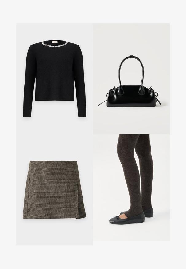 Sort sweater med lange ærmer og rund halsudskæring, der har en dekorativ krystaludsmykning omkring kraven. Blød tekstur.; Brun og grå plaid mini nederdel med subtilt sidesnit, lige snit og tekstureret stof.; Ben iført mørke ribbede leggings kombineret med sorte balletsko med små sløjfedetaljer på hvid baggrund.; Lille sort blank håndtaske med to lange håndtag og snøre-detaljer i siden på en ensfarvet lys baggrund.